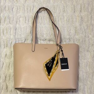 DKNY Blush Beige Leather Tote with Scarf Charm